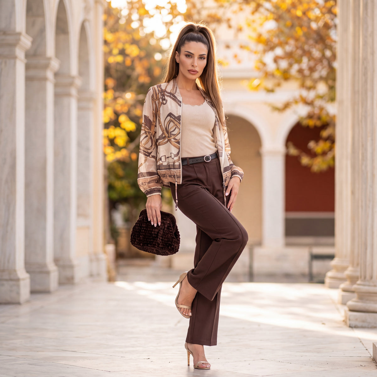 Cocoa Brown straight-leg trousers with pressed front seam and belt by MARIΓIOU