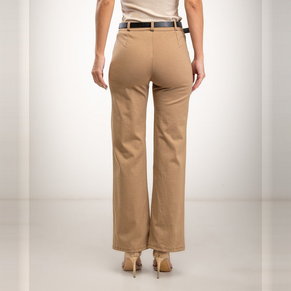 Warm Camel straight-leg trousers with pressed front seam and belt - back view