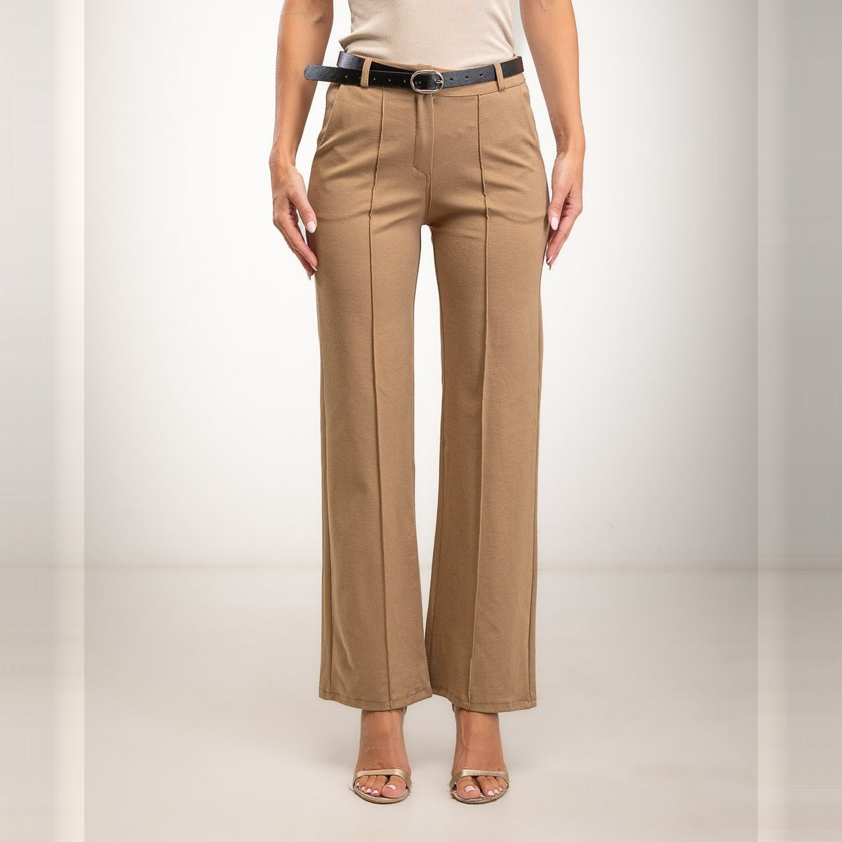 Warm Camel straight-leg trousers with pressed front seam and belt - front view