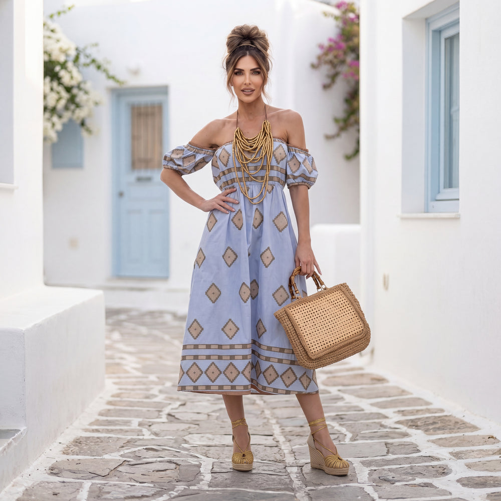 Woman wearing MARIΓIOÚ off-shoulder summer dress in Aegean Blue styled in a Mediterranean resort setting