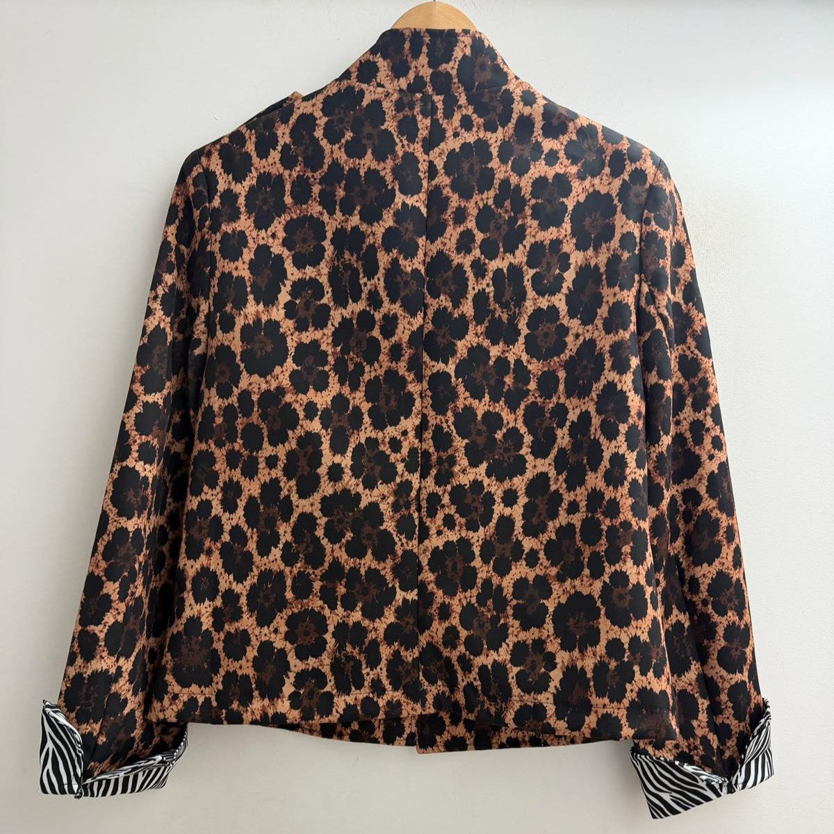 Leopard print military jacket with striped contrast cuffs - back view