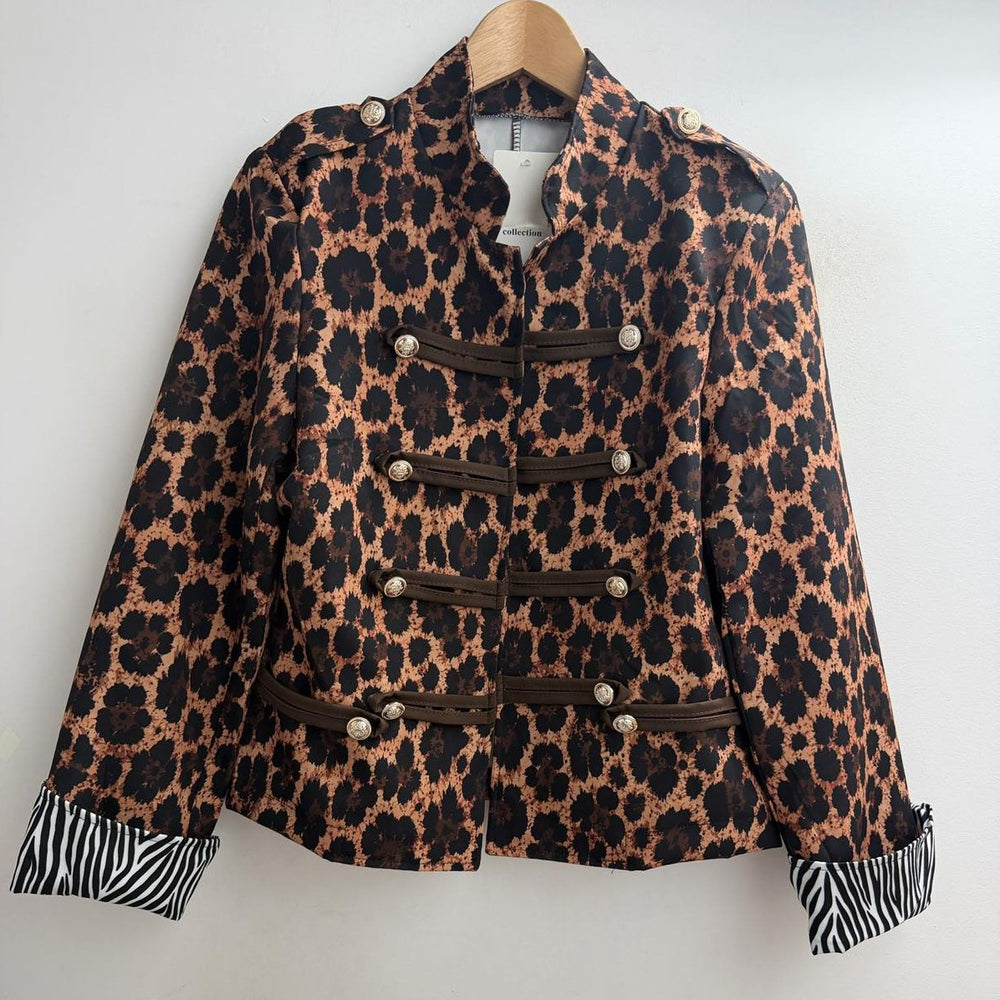 Leopard print military jacket with gold-tone buttons and braided front trims - front view