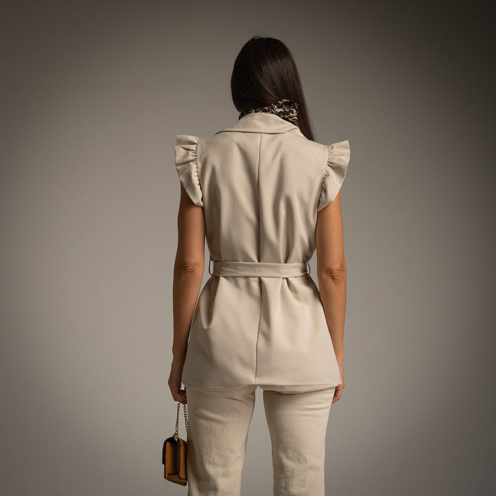 Latte Beige sleeveless belted vest with lapel collar and ruffled cap sleeves - back view
