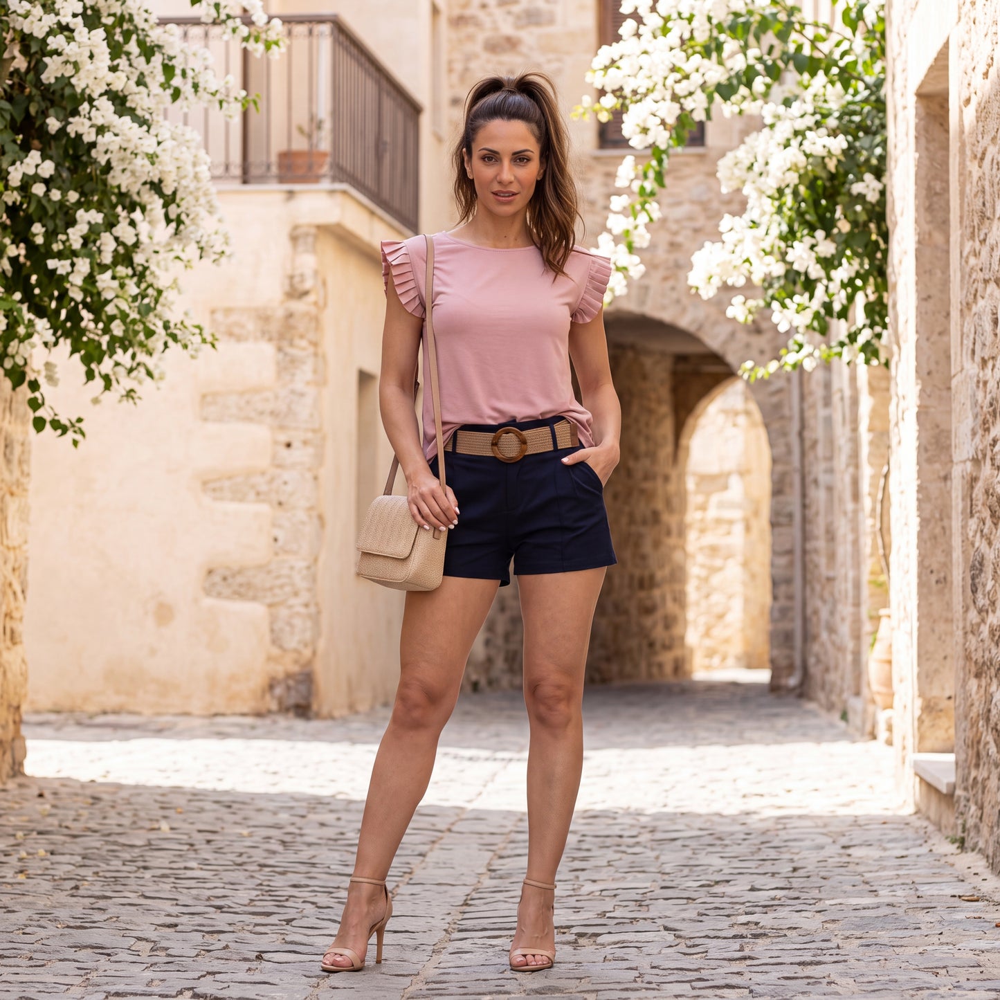 Woman wearing the Amalfi Ruffle Sleeve Top in Soft Blush Rose styled outdoors with casual summer fashion.