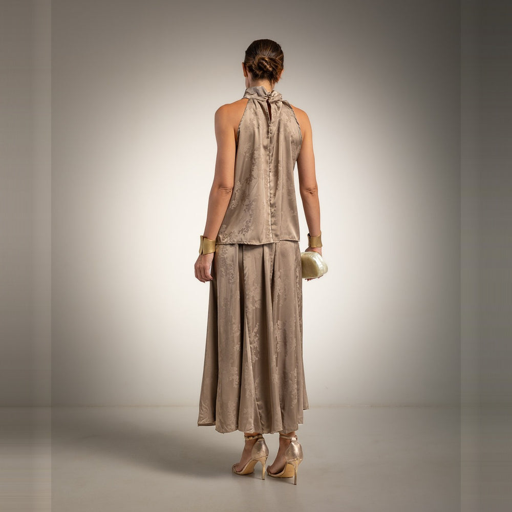 Almond Taupe satin jacquard two-piece set - back view
