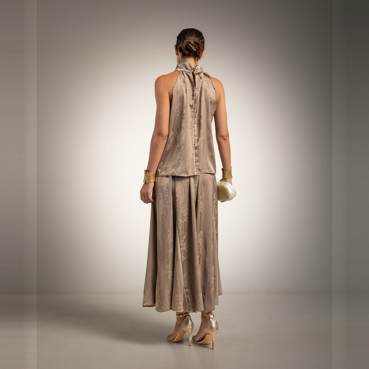 Almond Taupe satin jacquard two-piece set - back view