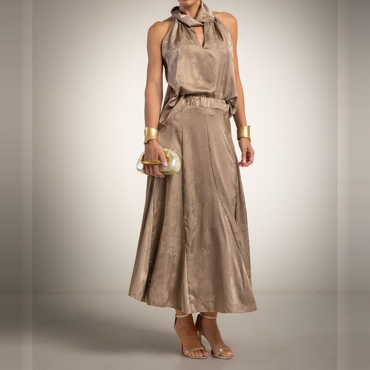 Almond Taupe satin jacquard halter neck top with scarf collar and flared midi skirt - front view