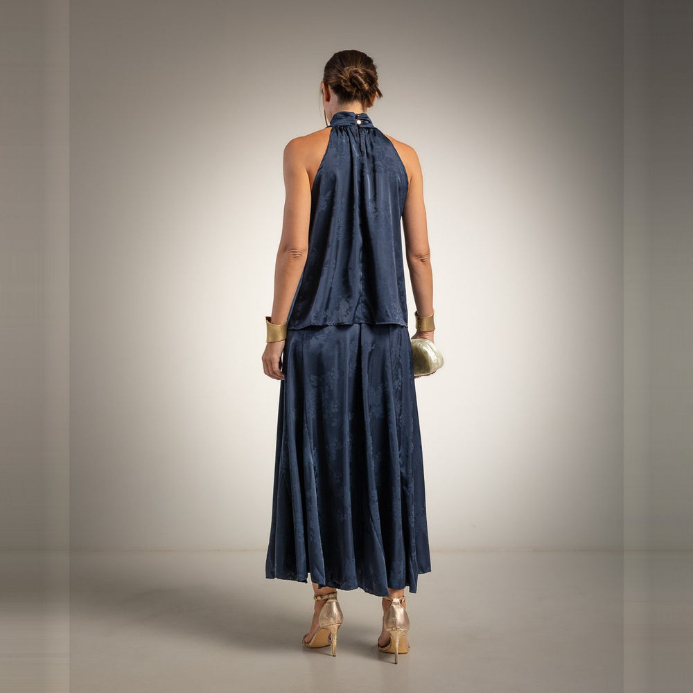 Midnight Blue satin jacquard two-piece set - back view