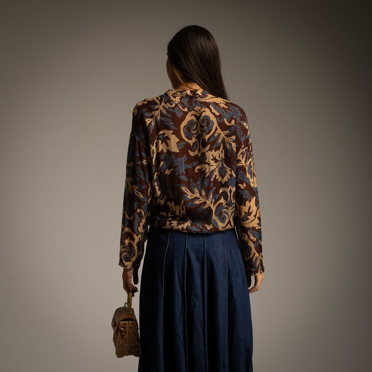 Cocoa Brown baroque print blouse with tie neckline - back view