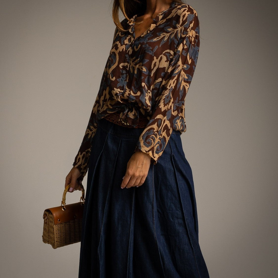 Cocoa Brown baroque print blouse with tie neckline - front view