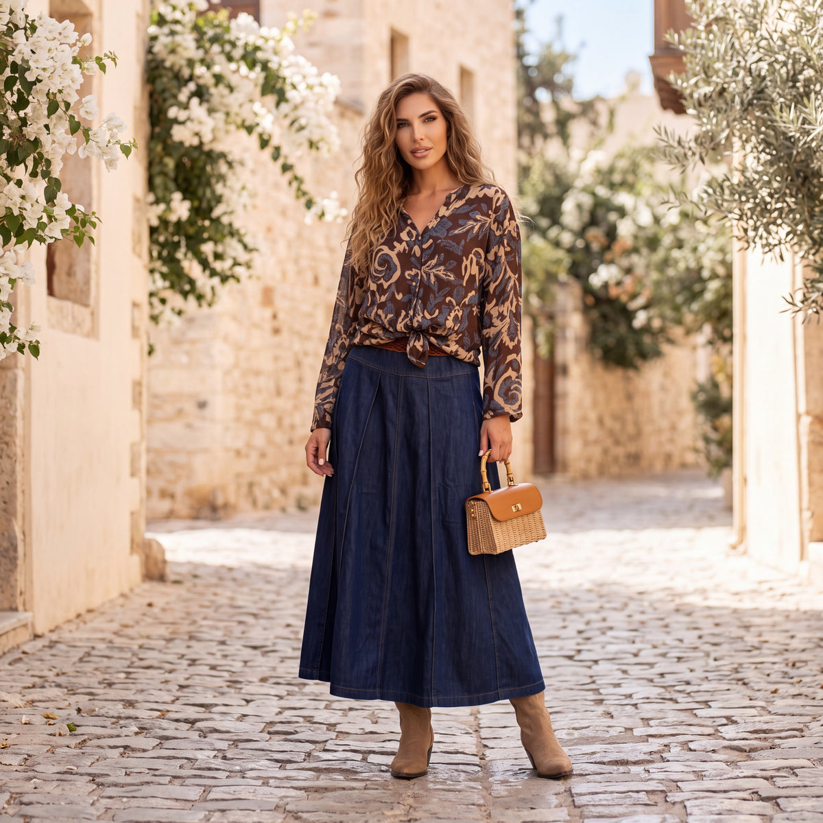 Cocoa Brown baroque print blouse with tie neckline by MARIΓIOU