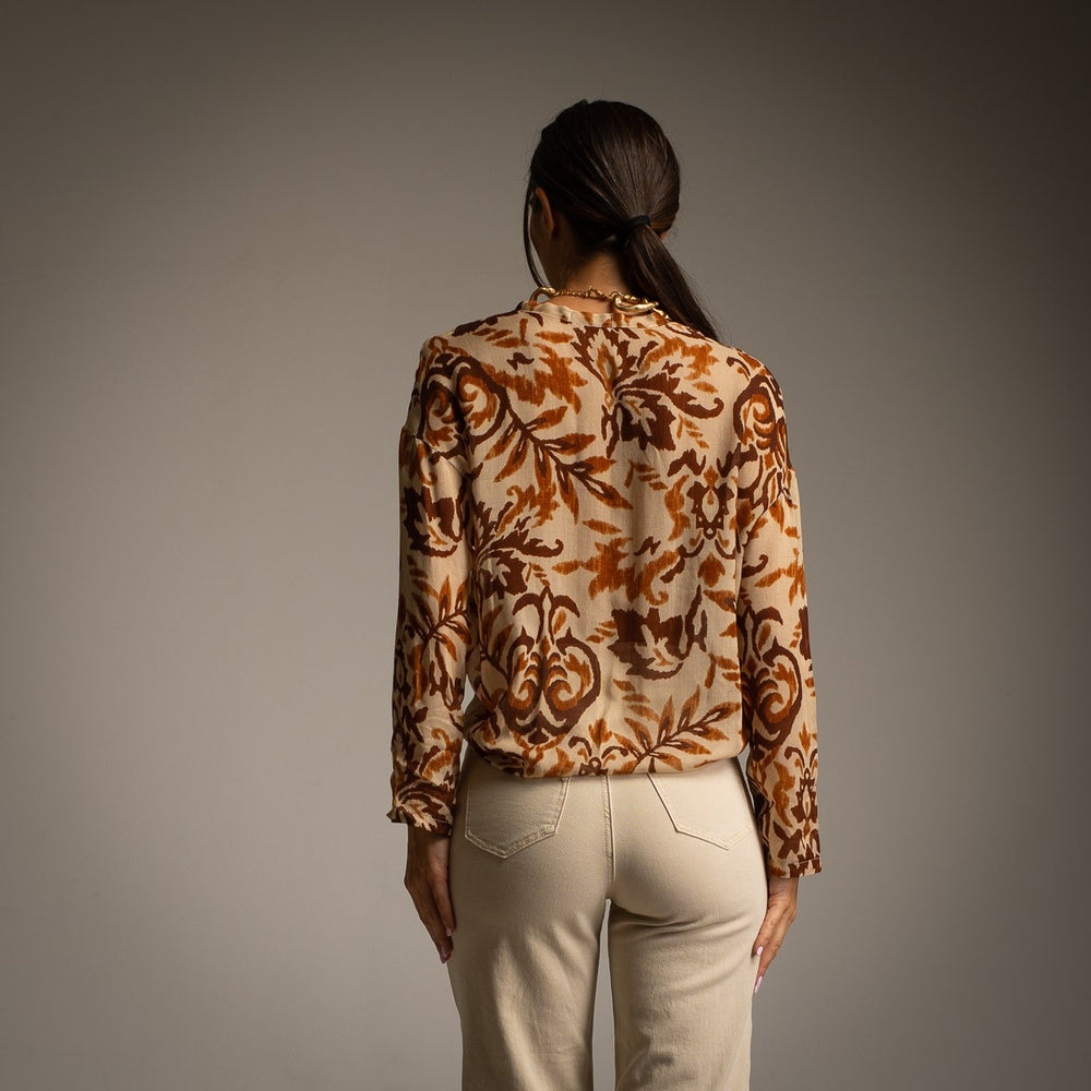 Latte Beige baroque print blouse with tie neckline - back view