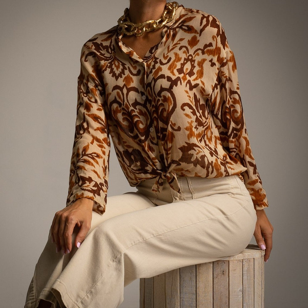 Latte Beige baroque print blouse with tie neckline - front view