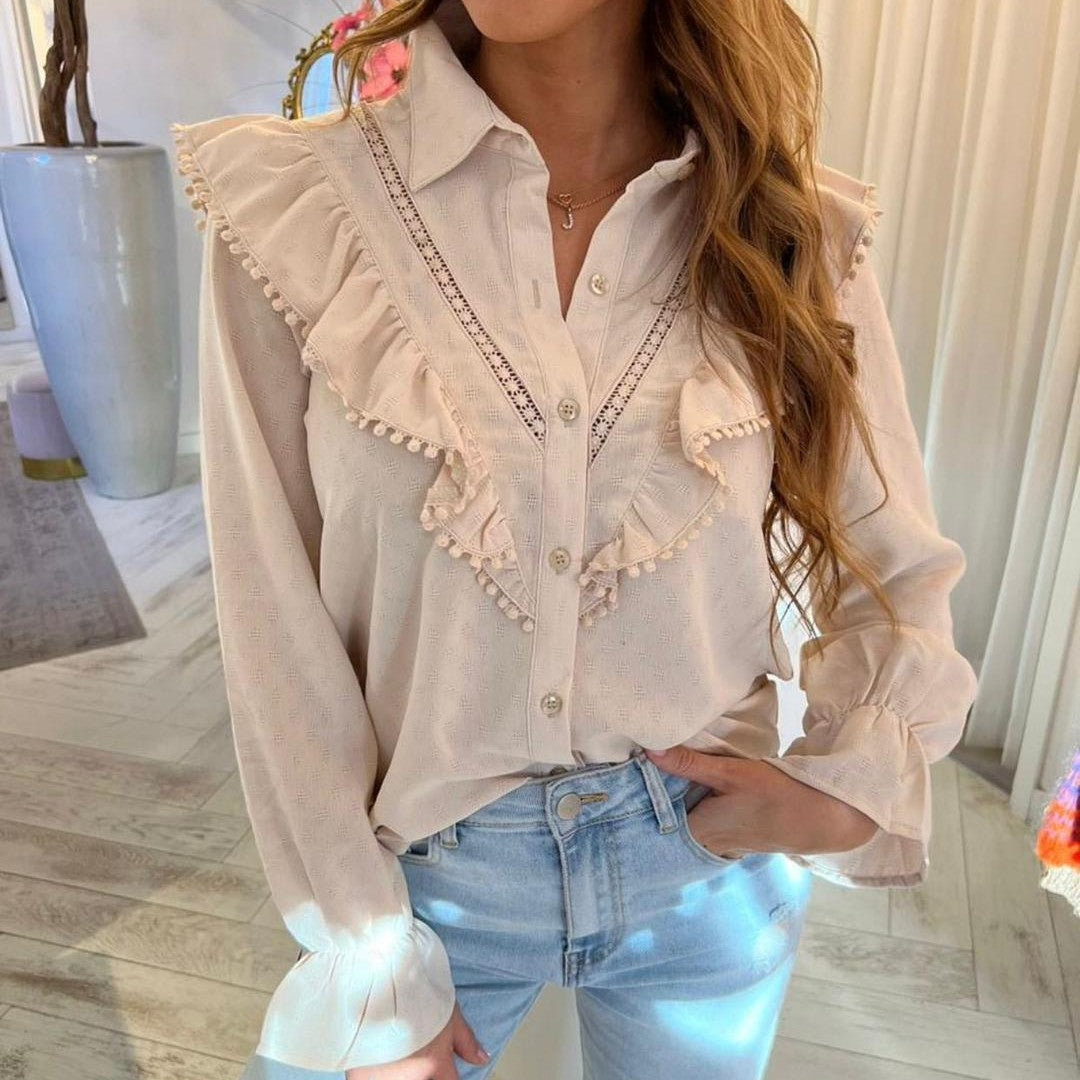 Ivory White ruffle blouse with pompom trim, lace inserts and flounced cuffs - front view