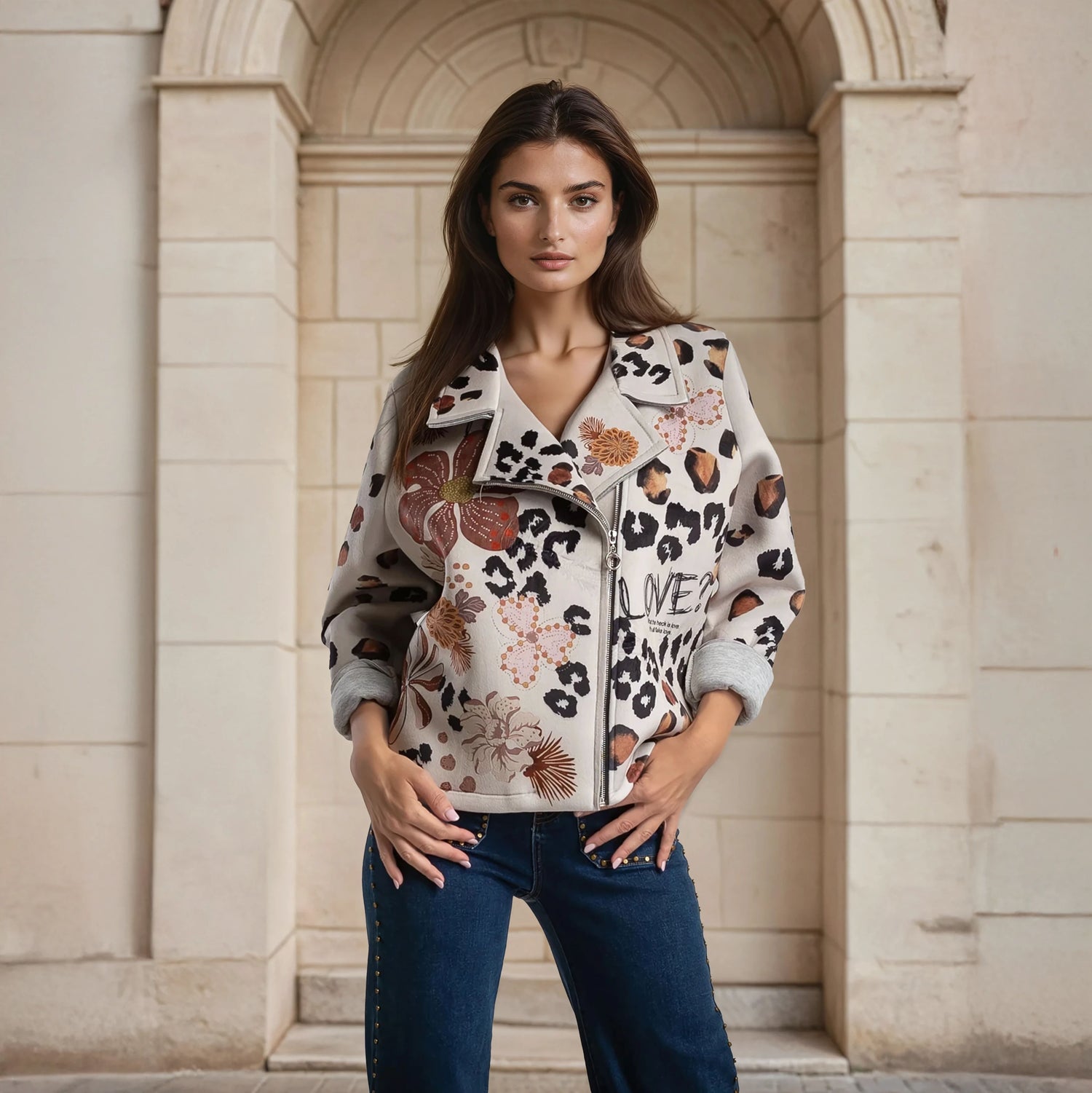 MARIΓIOÚ one-size jacket animal floral print close-up front view – Autumn 2025 Collection