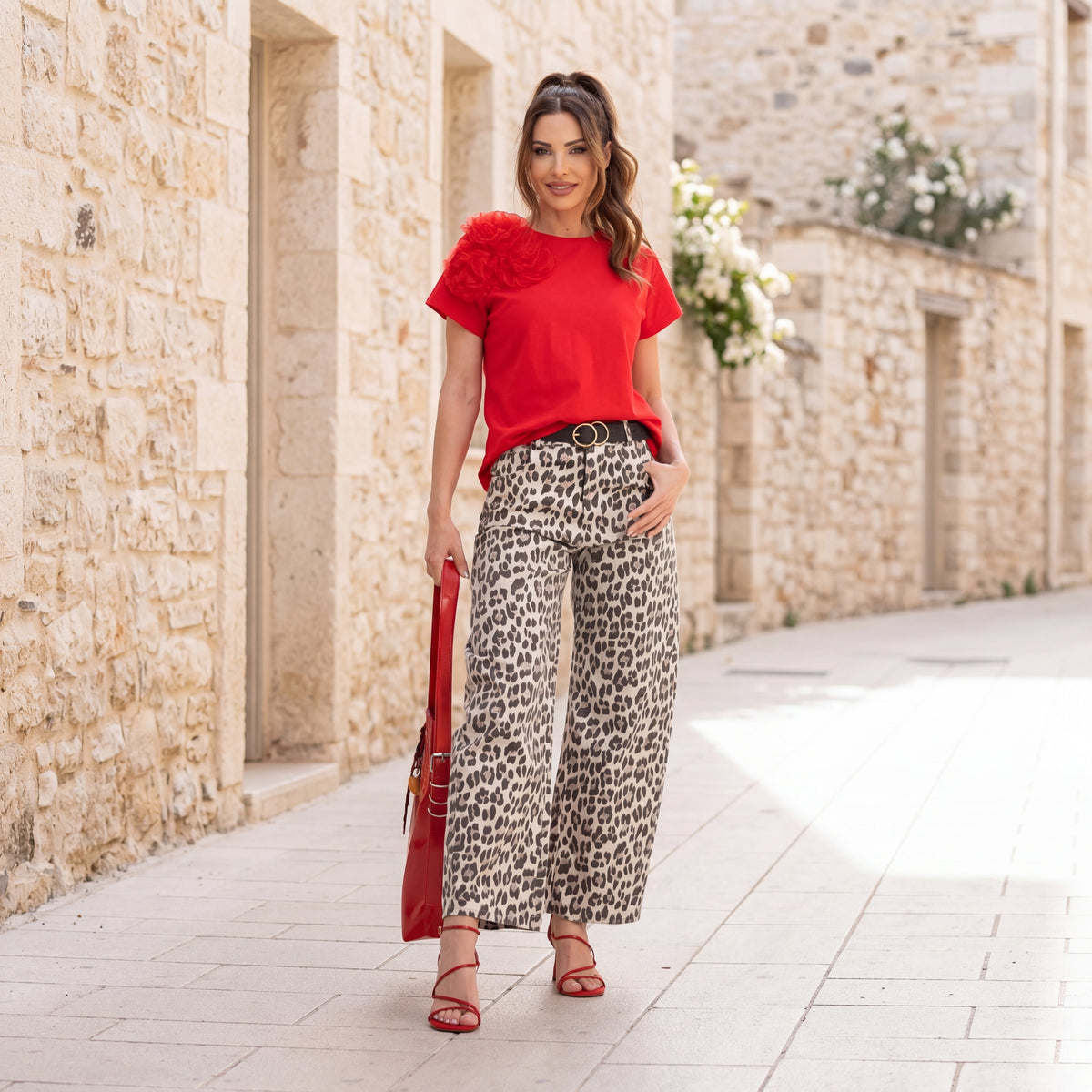Animal print balloon pants outfit styled Mediterranean street look MARIΓIOÚ