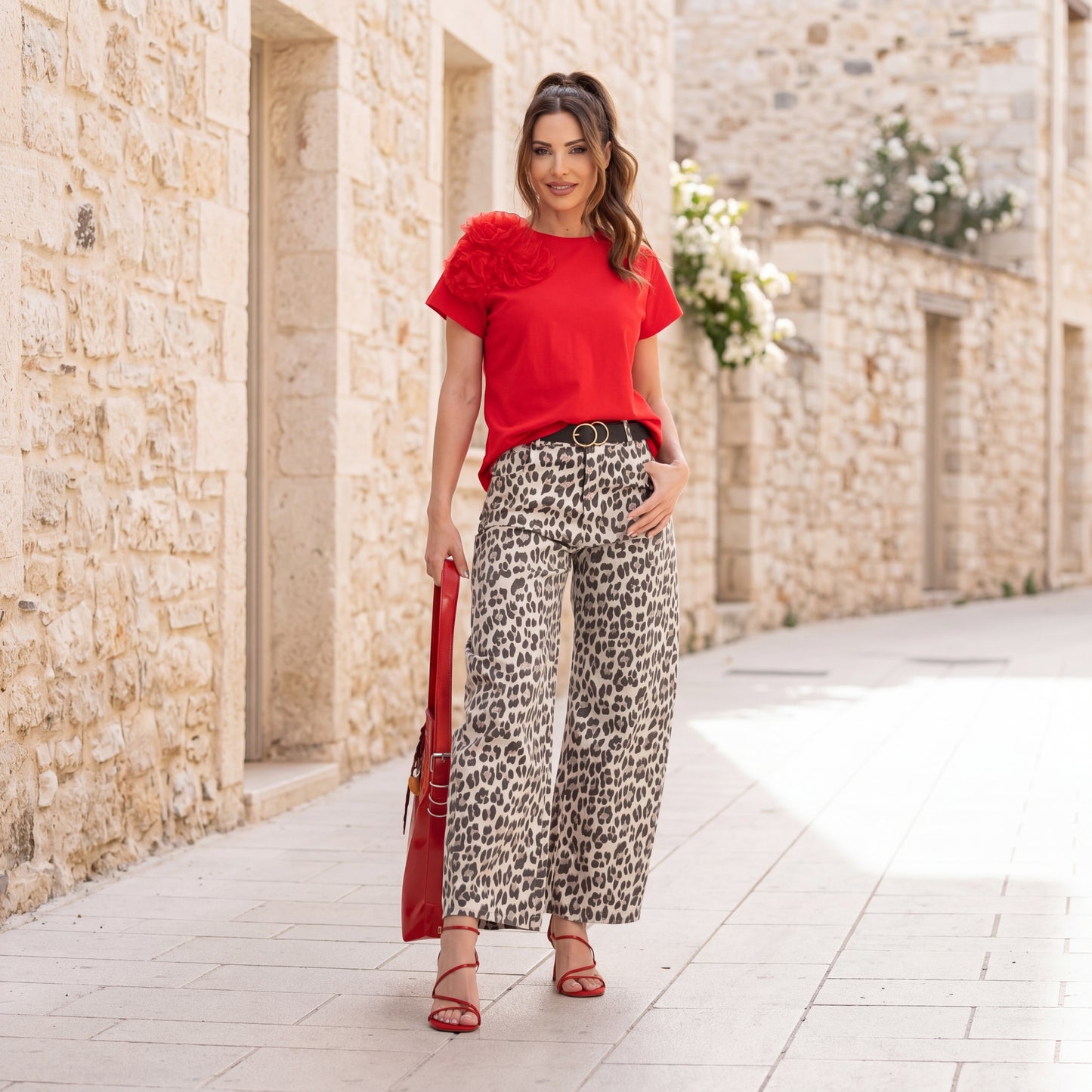 Animal print balloon pants outfit styled Mediterranean street look MARIΓIOÚ
