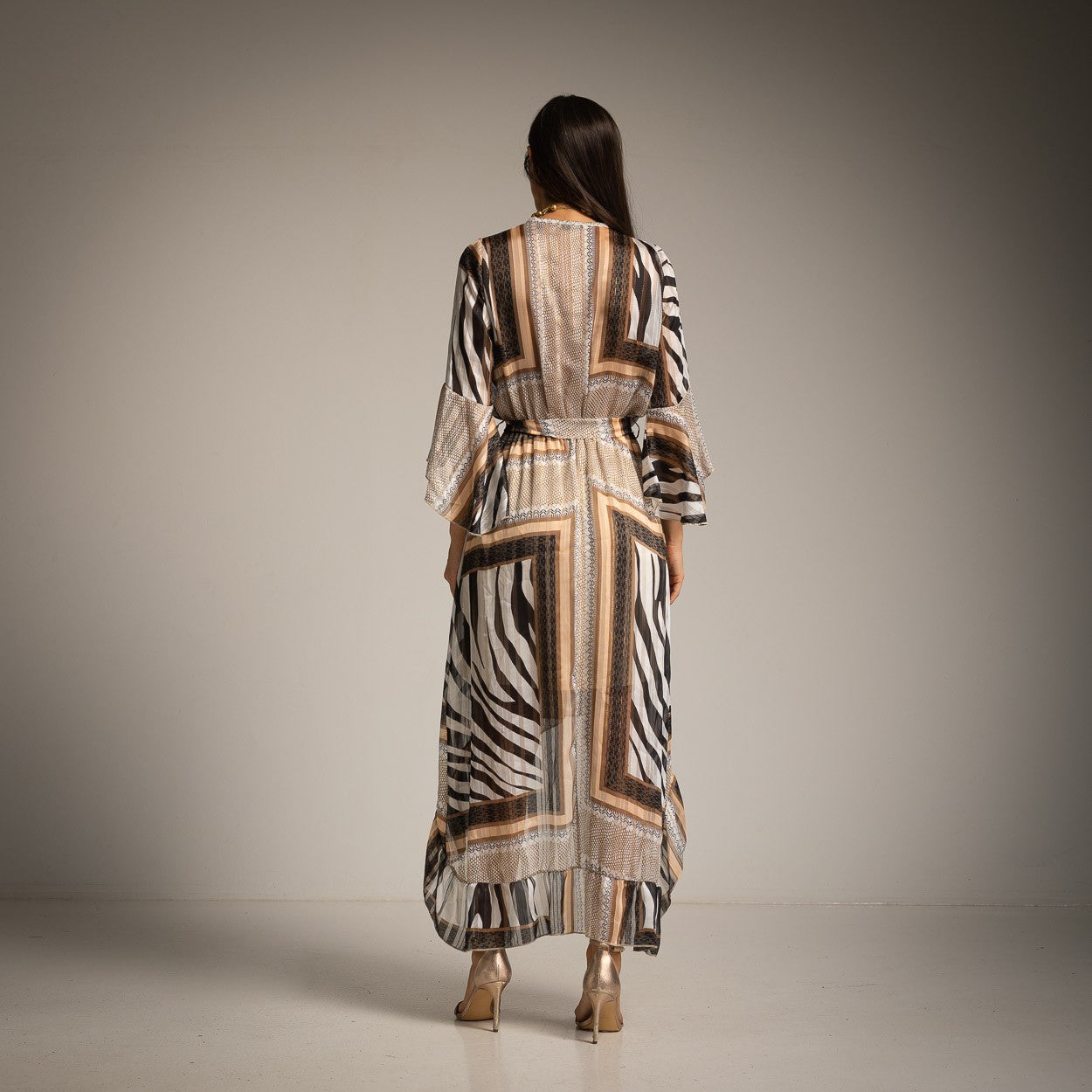 Beige animal print high-low maxi dress with tie waist – back view
