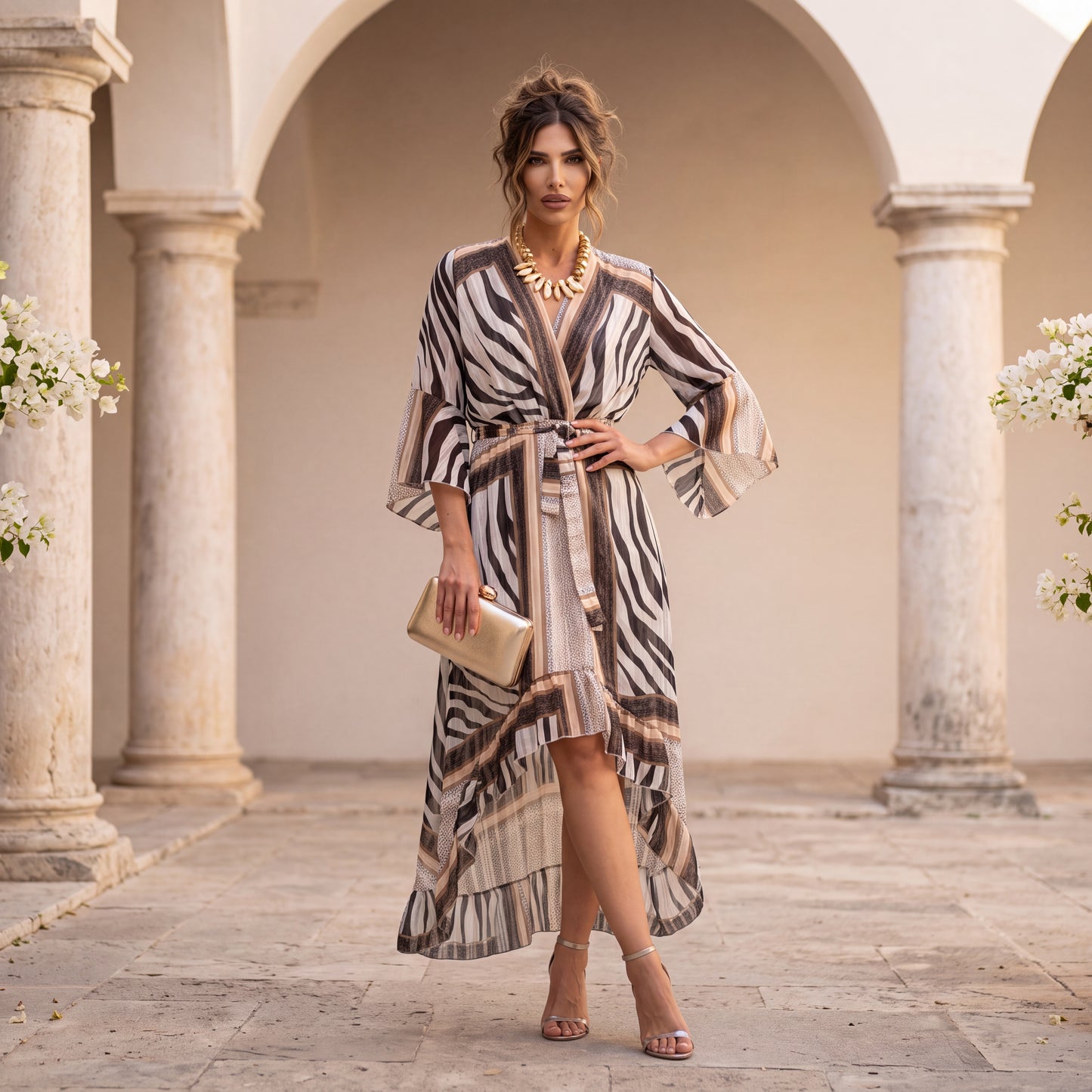 Woman wearing beige animal print high-low maxi dress in an elegant Mediterranean setting