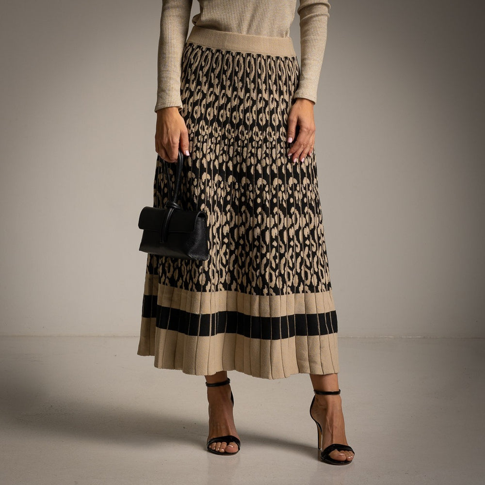 MARIΓIOÚ animal print pleated knit skirt – front studio view