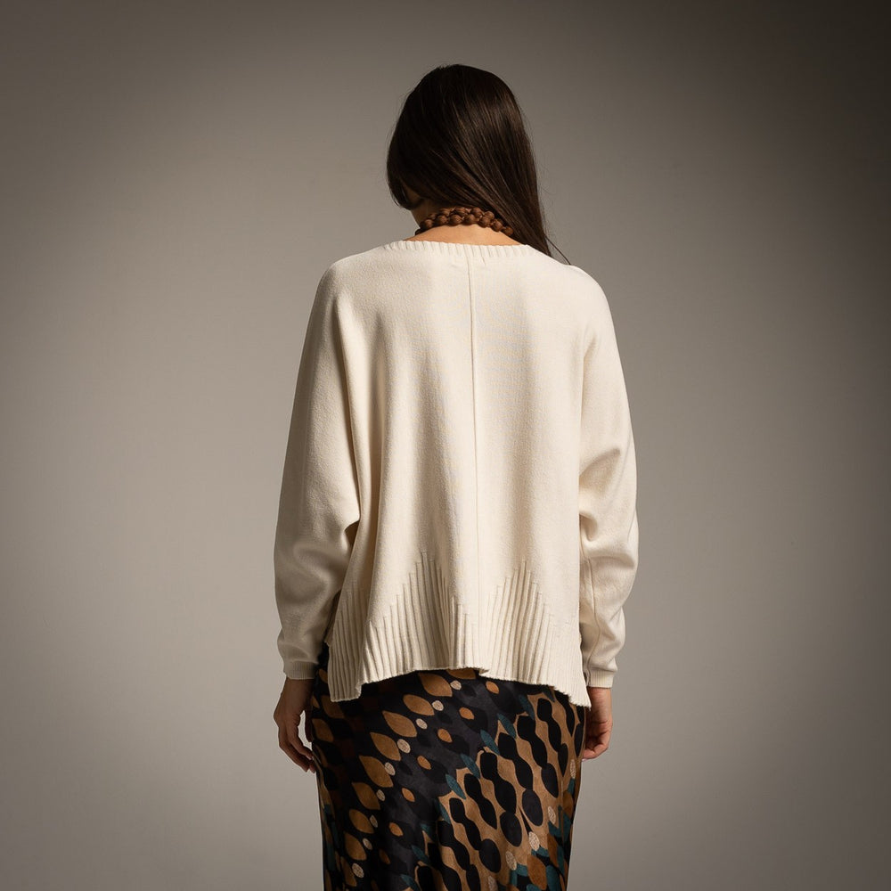 Ivory White oversized knit sweater with centre seam, dropped shoulders and ribbed hem - back view