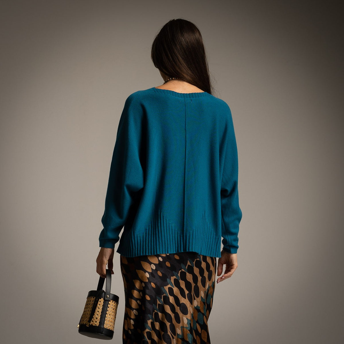 Petrol Blue oversized knit sweater with centre seam, dropped shoulders and ribbed hem - back view