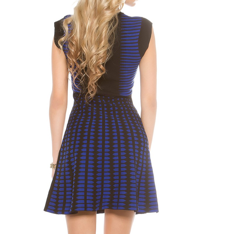 Royal Blue sleeveless geometric knit skater mini dress - back view