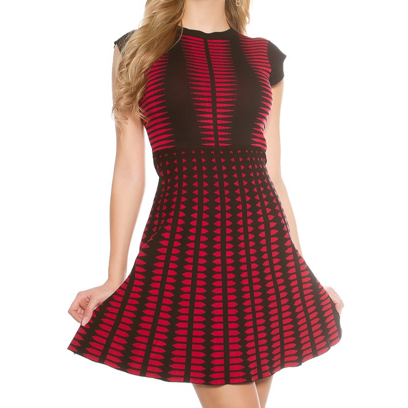 Scarlet Red sleeveless geometric knit skater mini dress - front view