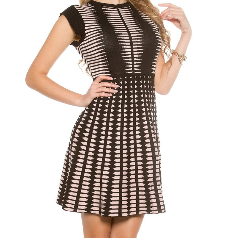 Soft Blush Pink sleeveless geometric knit skater mini dress - front view