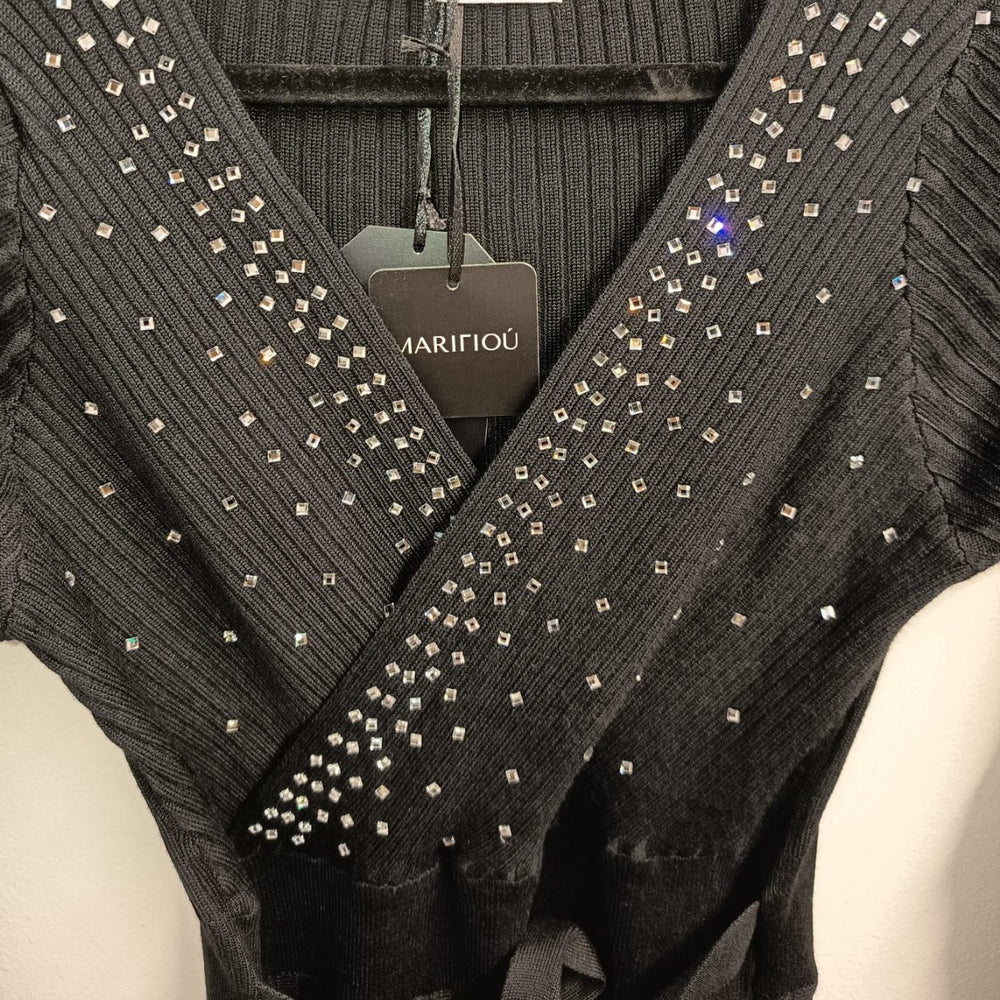 Black rhinestone pleated knit wrap dress with tie belt - detail view