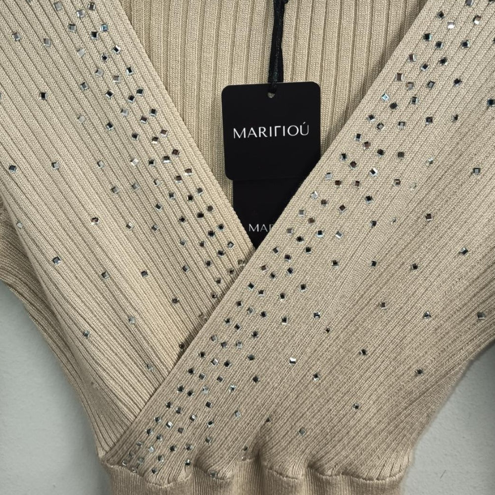 Latte Beige rhinestone pleated knit wrap dress with tie belt - detail view