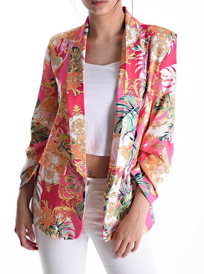 Fuchsia Pink baroque tropical print blazer with ruched sleeves