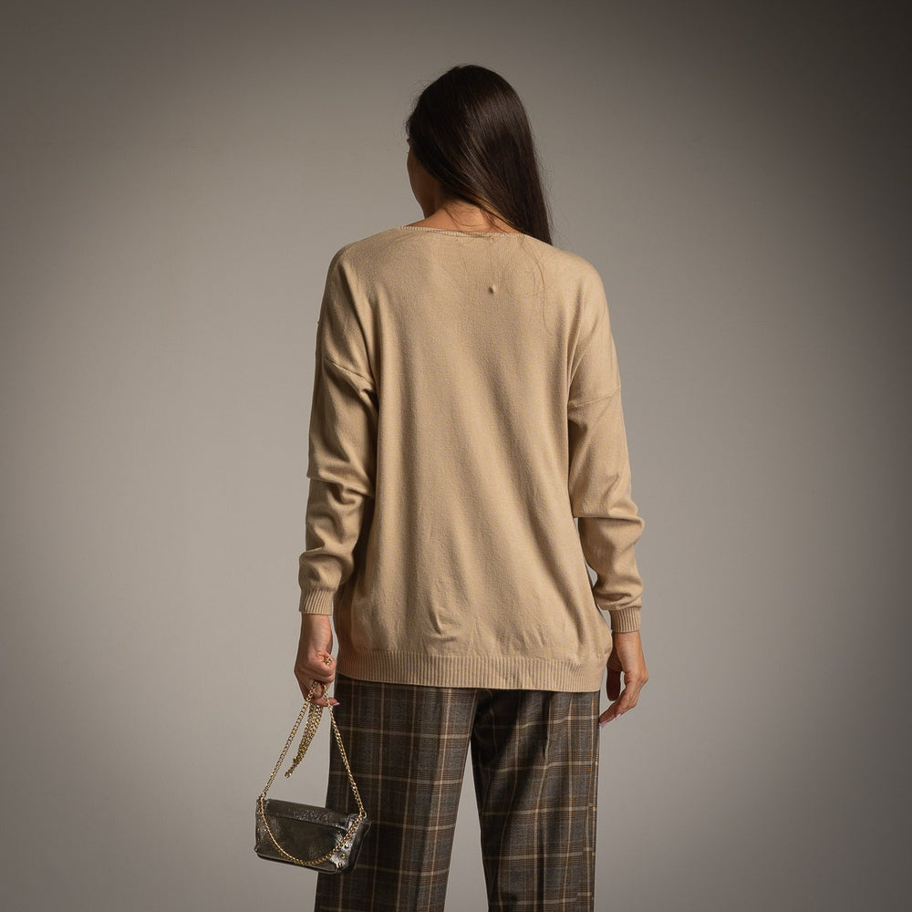 Latte Beige oversized V-neck knit sweater with golden glitter foil and embellished LOVE detail - back view