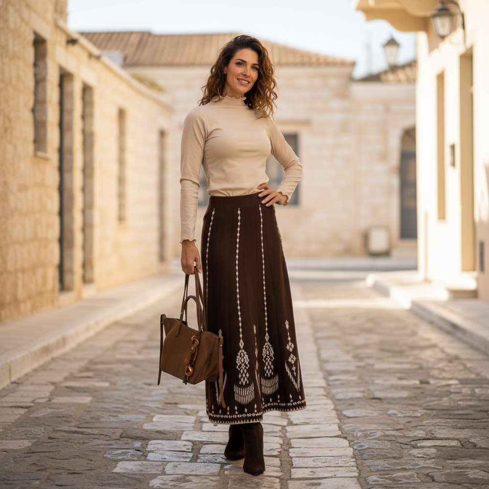 Beige longsleeve top styled with midi skirt – street style