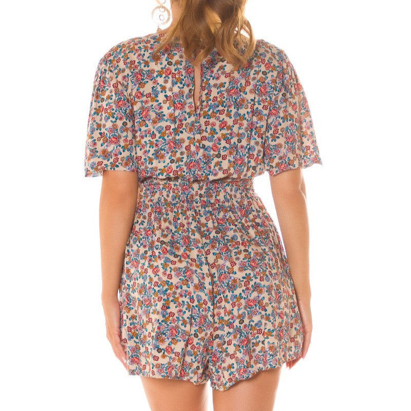 Back view of Beige Floral Mini Jumpsuit with Pockets