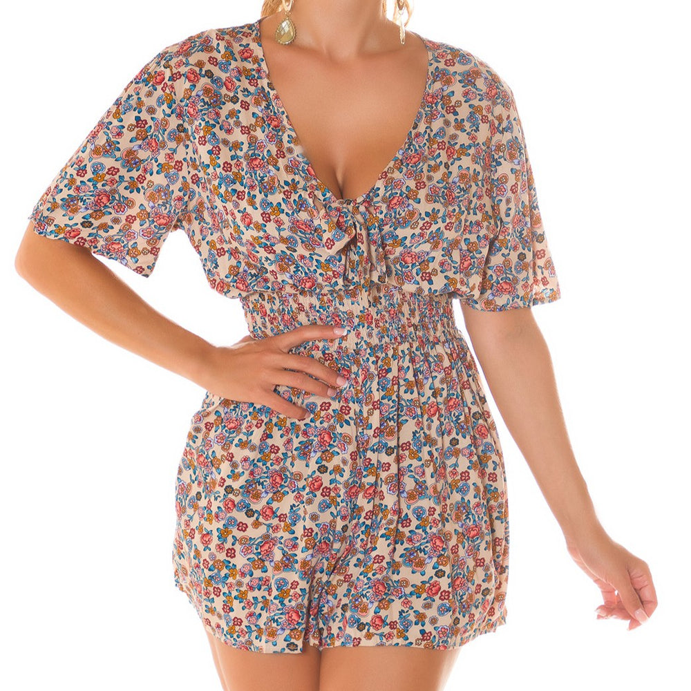 Front detail of Beige Floral Mini Jumpsuit with Pockets