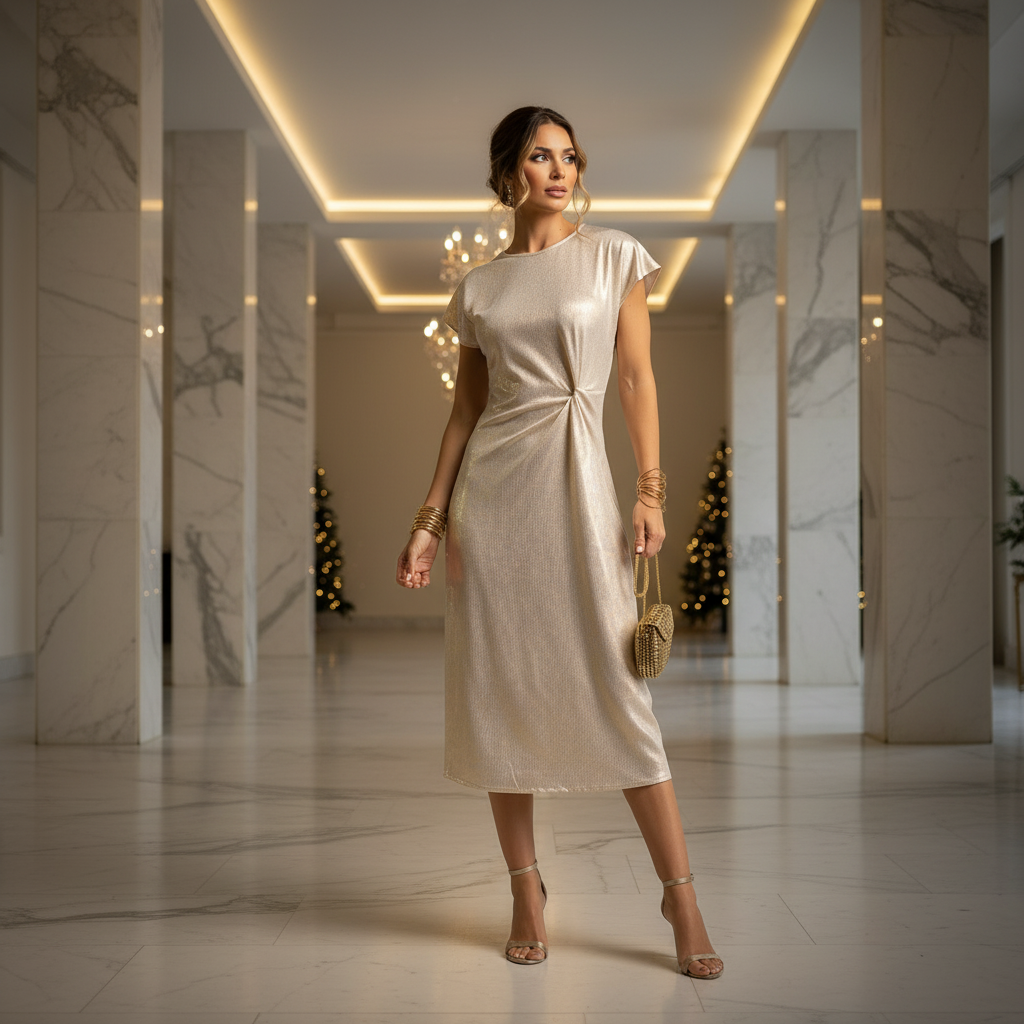 Beige metallic shimmer midi dress with side knot detail in a modern elegant interior