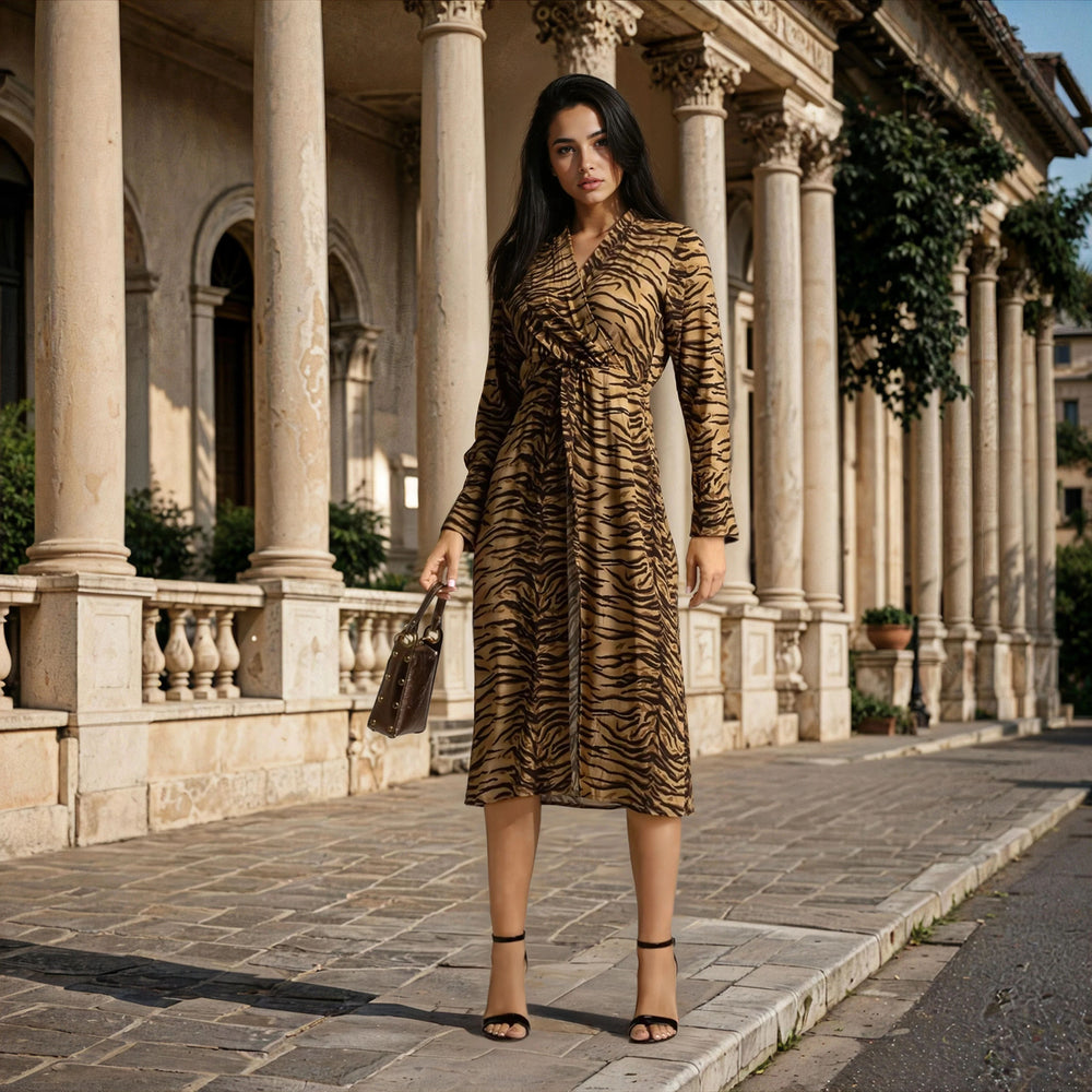 marigiou beige zebra print wrap dress styled look
