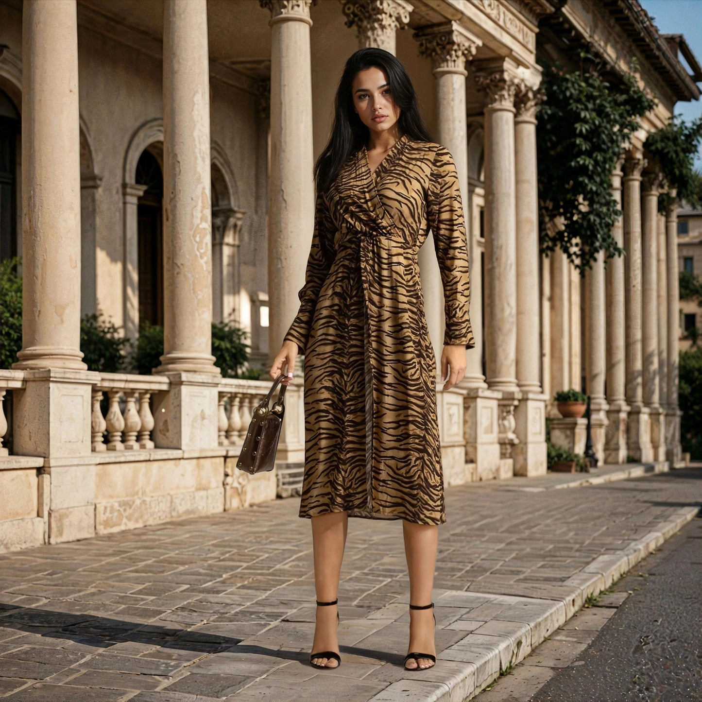 marigiou beige zebra print wrap dress styled look
