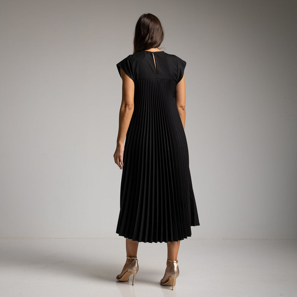 Black pleated midi dress with smooth yoke and cap sleeves - back view