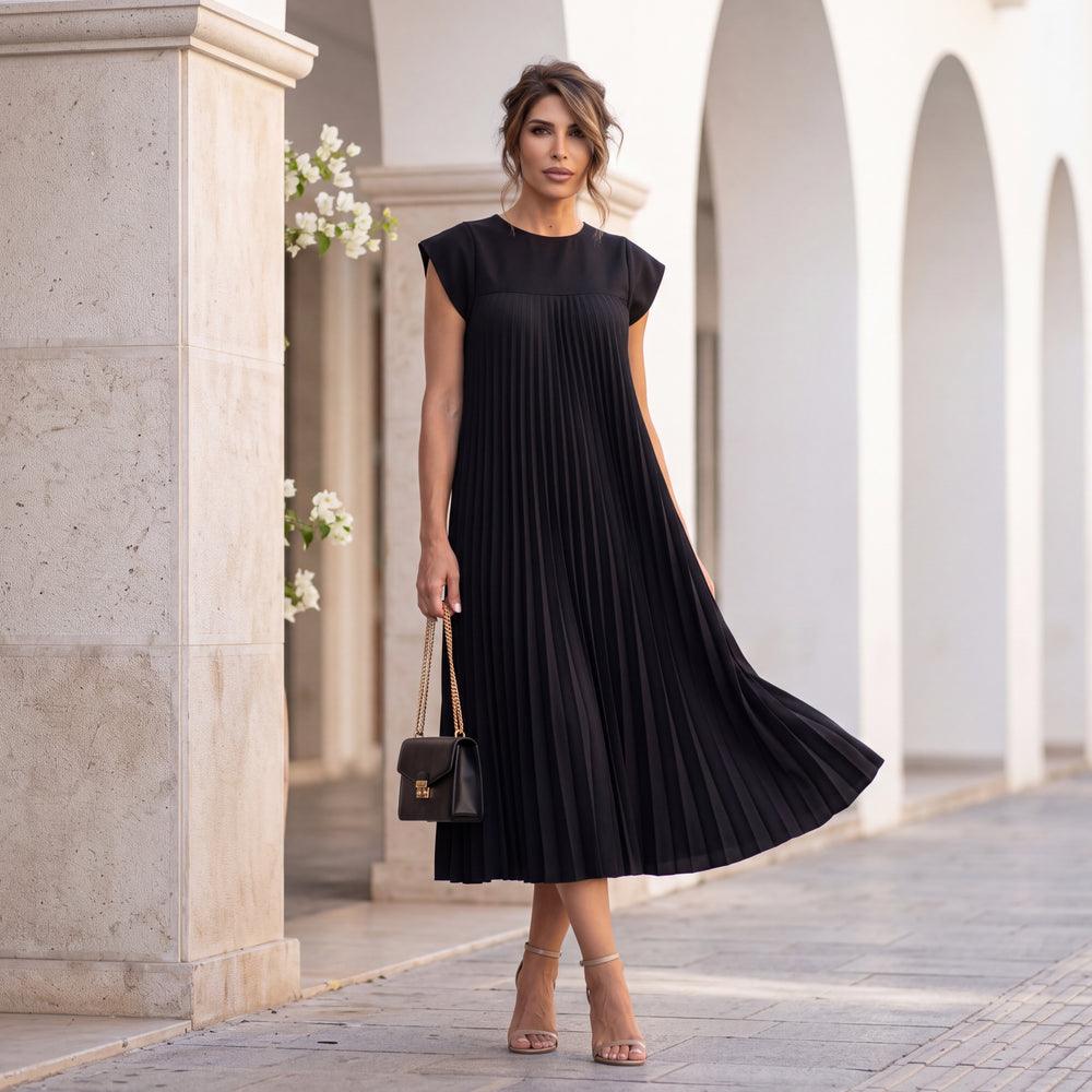 Black pleated midi dress with smooth yoke and cap sleeves by MARIΓIOU