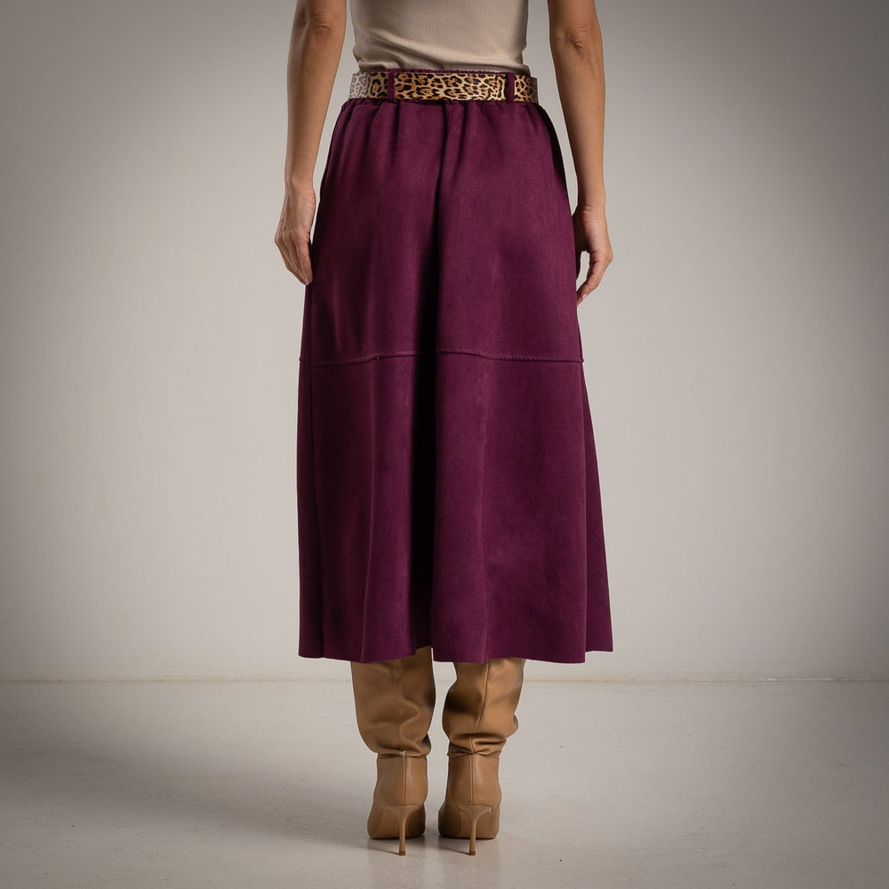 Back view of the Bianca suede midi skirt with belt in Black Cherry