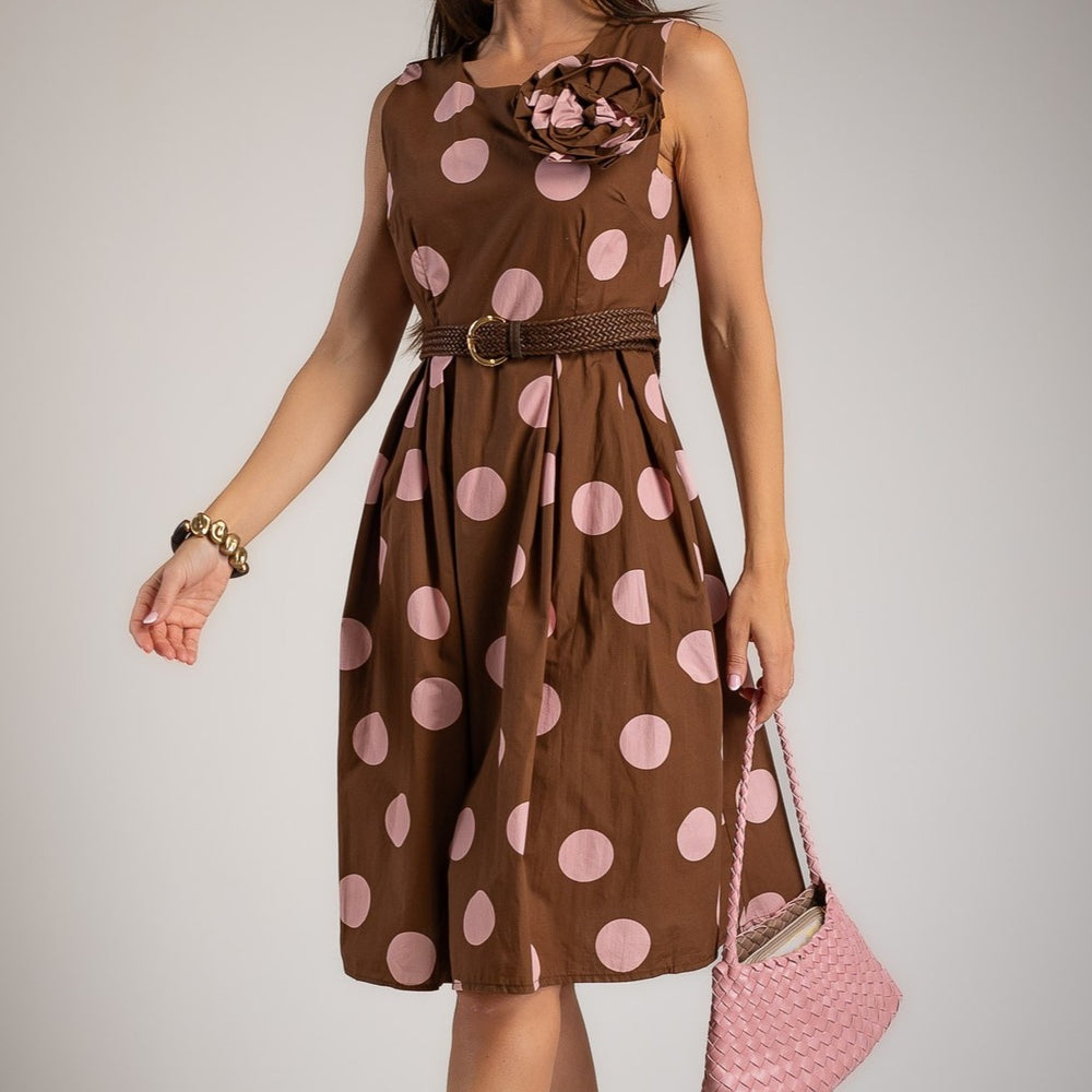 Close-up of chocolate rose cotton midi dress with oversized pink polka dots