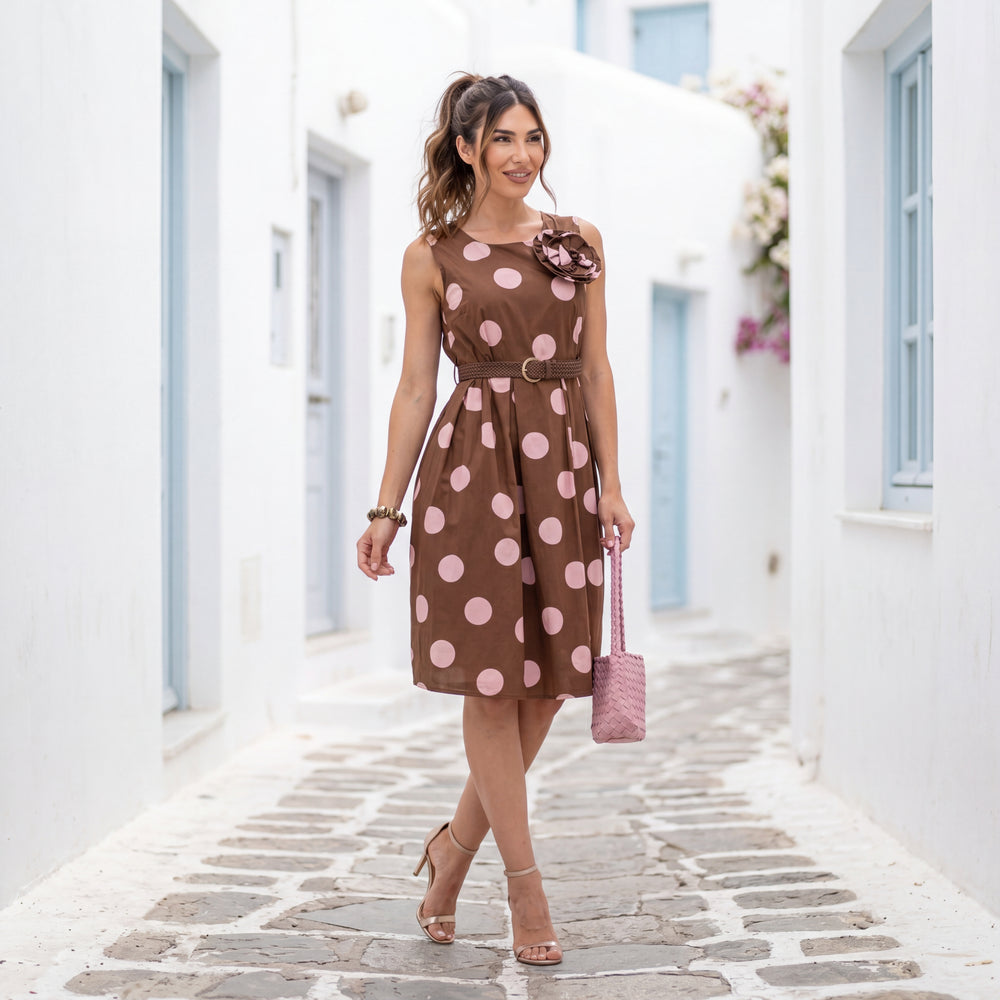 Woman wearing a chocolate rose midi dress with oversized pink polka dots and floral brooch
