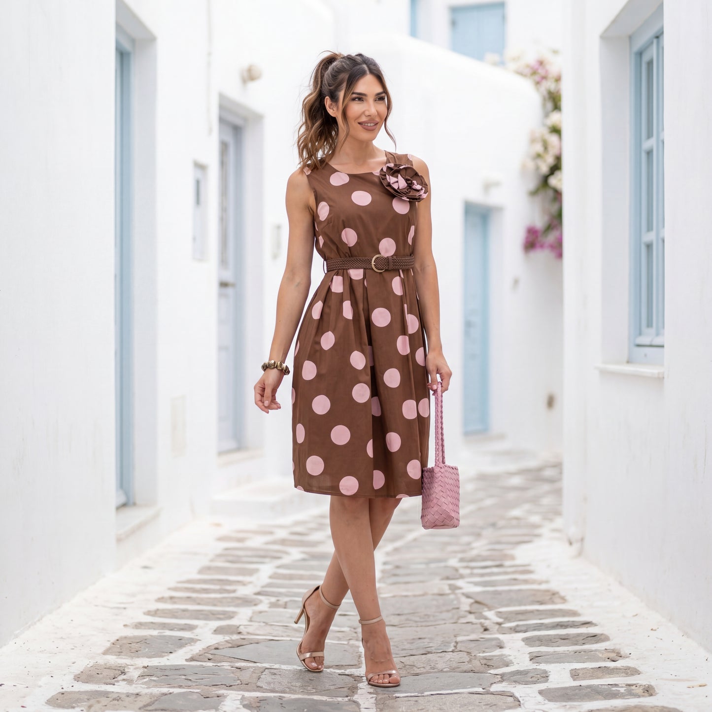 Woman wearing a chocolate rose midi dress with oversized pink polka dots and floral brooch
