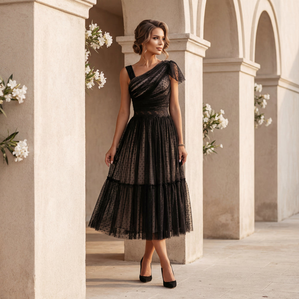 Asymmetric Tulle Midi Dress Black & Nude – MARIΓIOÚ