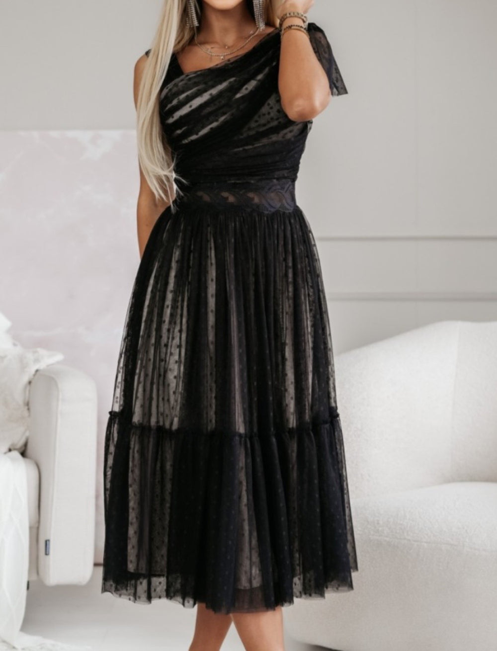 Black asymmetric tulle midi dress with lace waist detail by MARIΓIOÚ