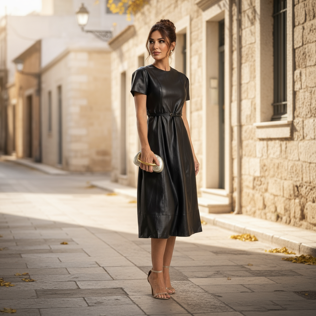 MARIΓIOÚ black faux leather midi dress styled outdoors – sophisticated fall/winter look made in Italy.