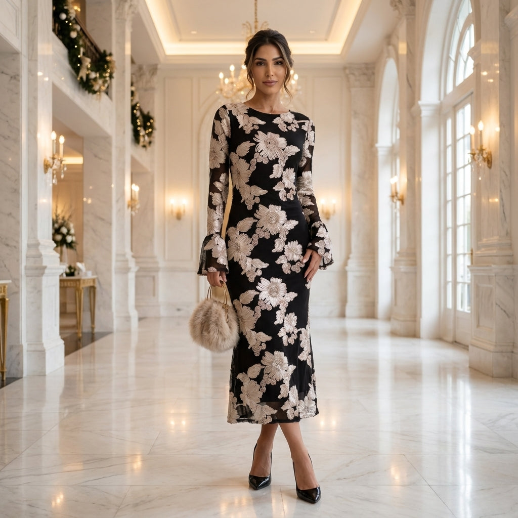 Black maxi dress with gold floral embroidery and flared sleeves in an elegant hall