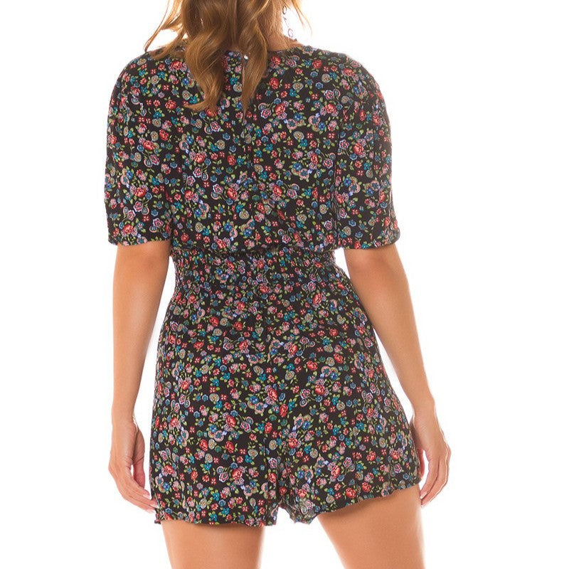 Back view of Black Floral Mini Jumpsuit with Pockets